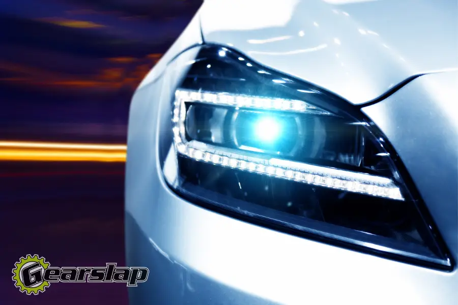 LED headlight on modern car projector lens