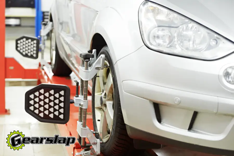 wheel alignment in big shop on lift